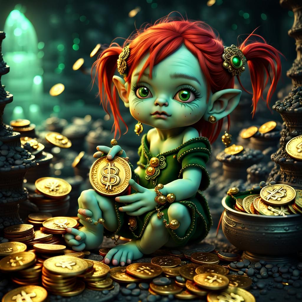 Cute Gothic Goblin Baby Amongst Treasure, Detailed Art