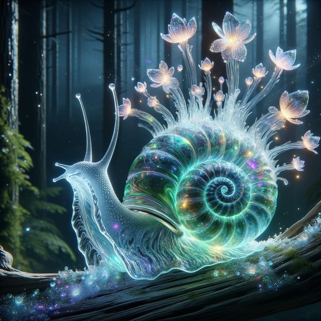 Luminescent Glass Snail Sculpture in Forest