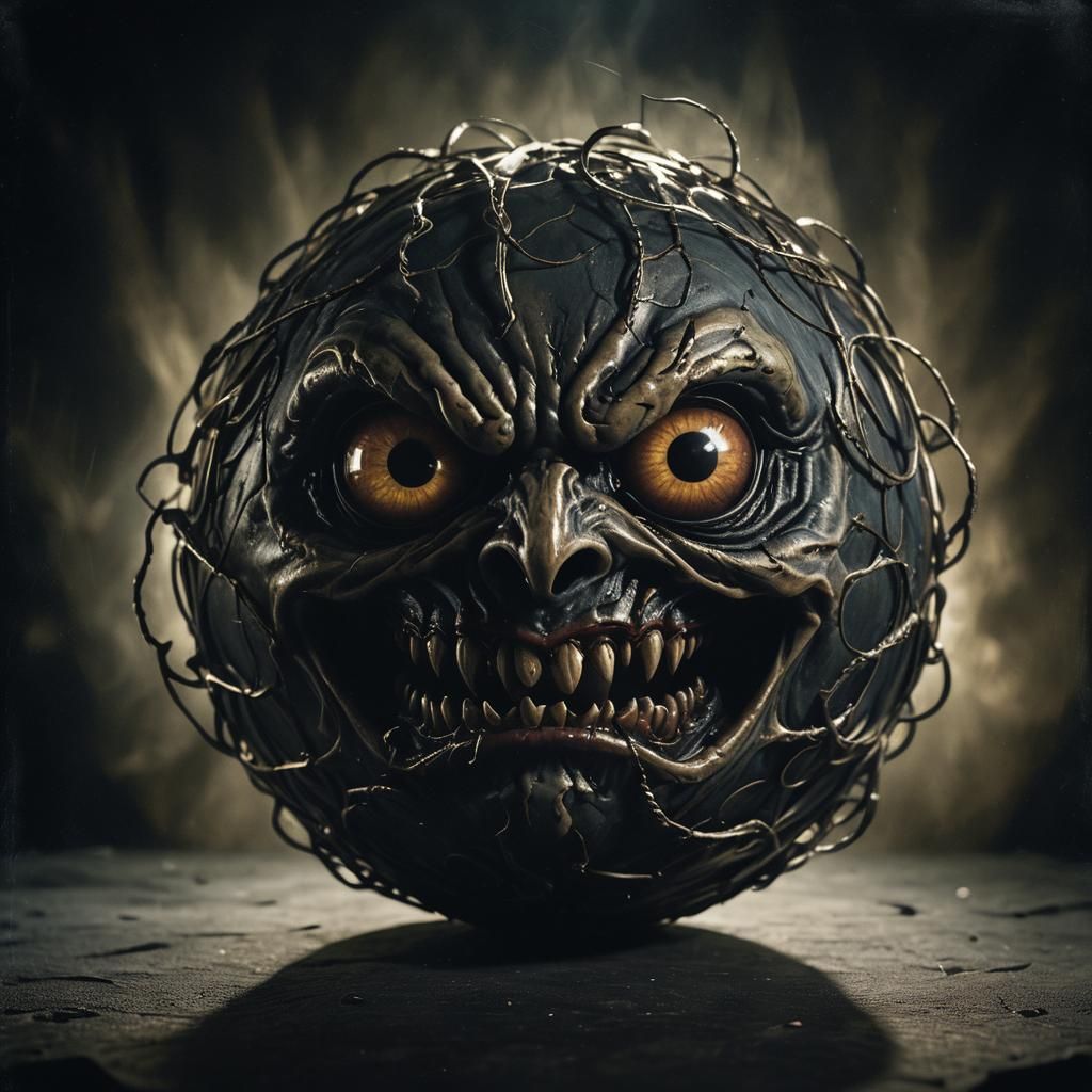 Grotesque Ball with Sinister Face in Dark Surrealism