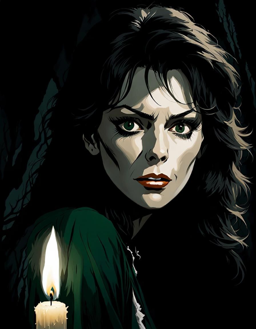 Frightened Woman in Candlelit Cave, Dark Illustration