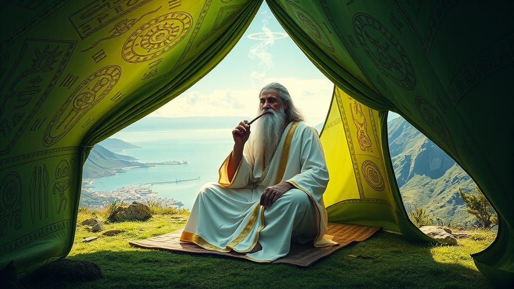 Mystical God Smokes Joint in Vibrant Green Tent