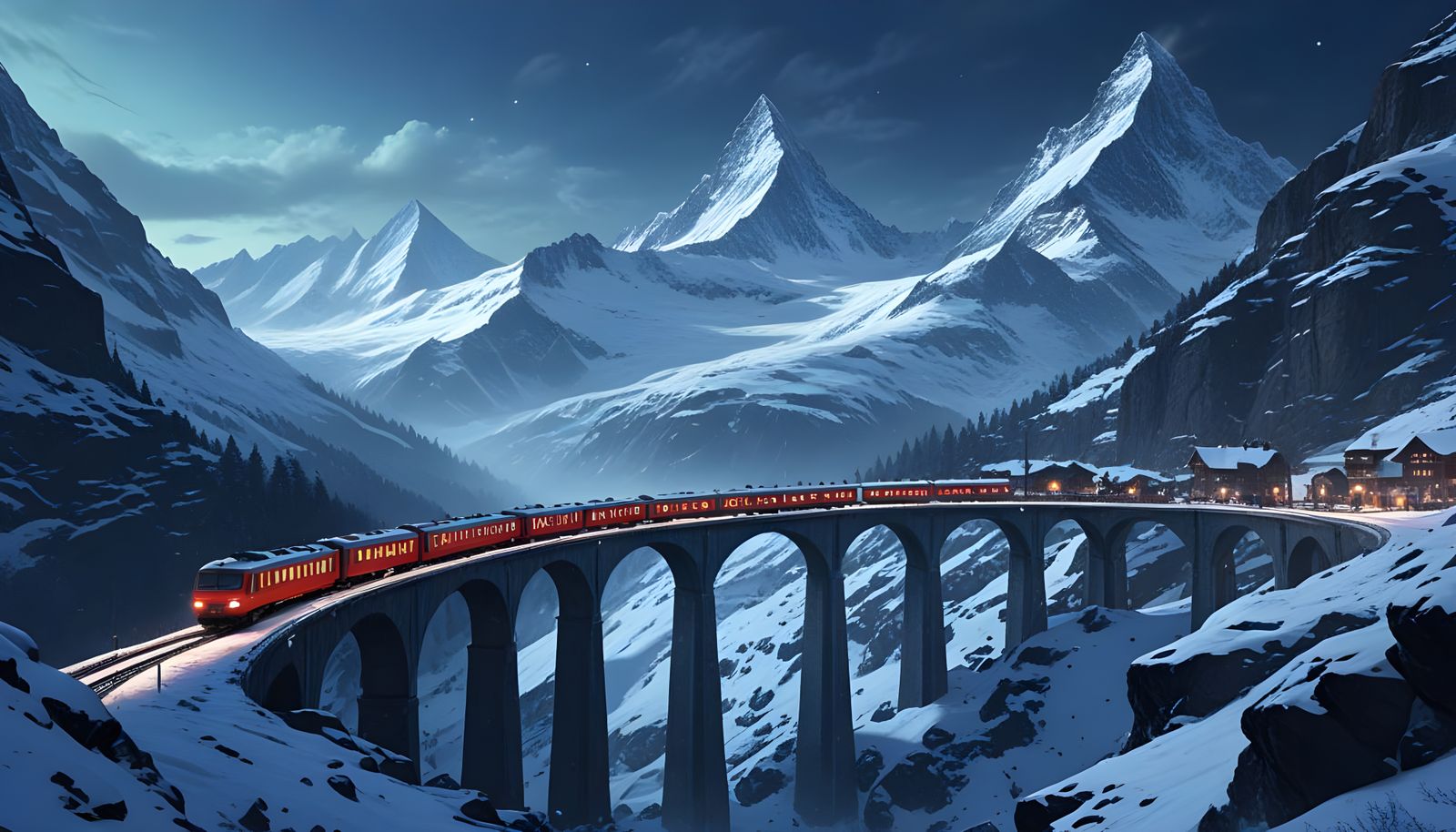Swiss Alps Train Bridge in Cool Colors Digital Illustration