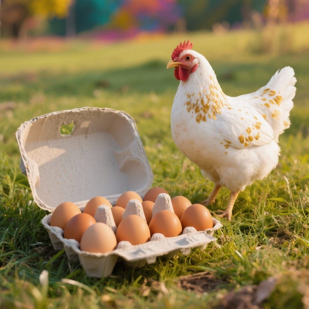 Hyperrealistic Hen and Eggs on Grassy Field