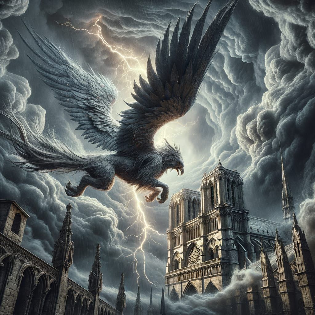 Gothic Griffin Soars Through Stormy Sky Amidst Haunting Cath...