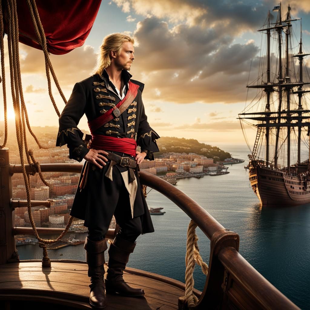 Young Pirate Overlooking Harbor Town