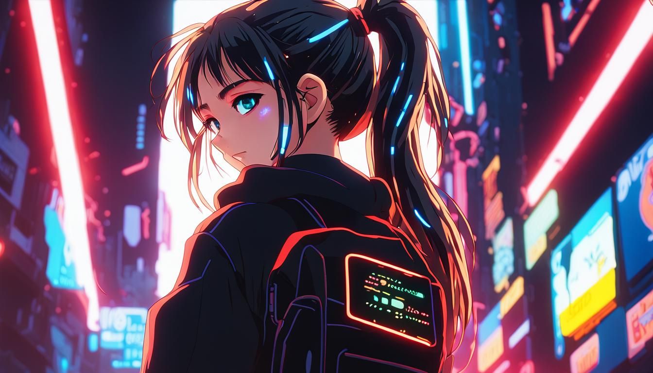 Anime Girl Coding with Neon Accents