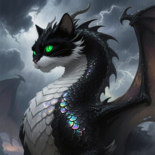 Colossal Tuxedo Dragon in Stormy Sky