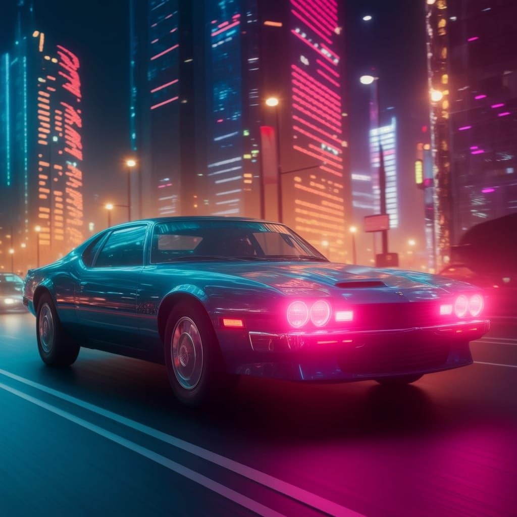 Retro-Futuristic Cityscape in Vibrant Synthwave Style