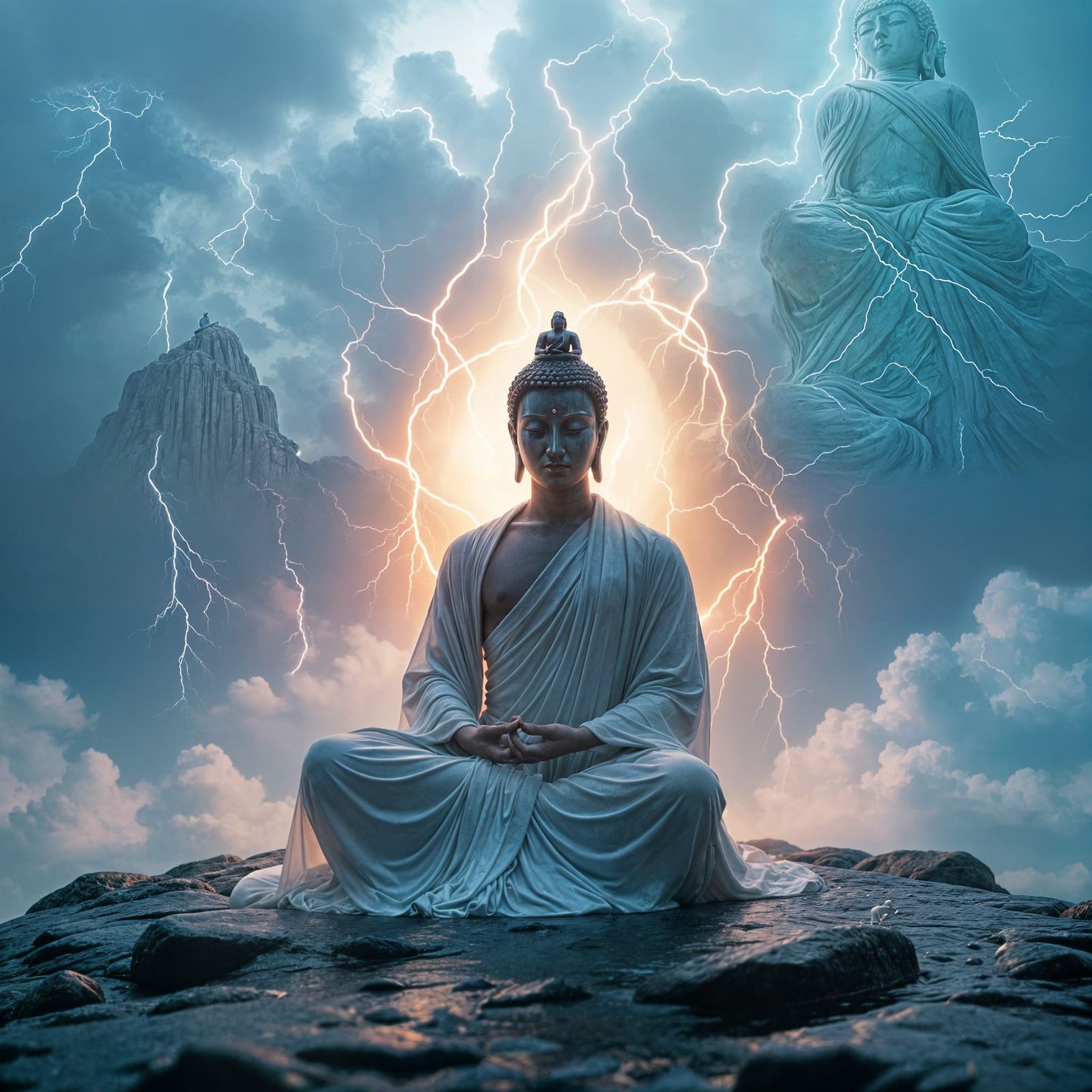 Iridescent Buddha Meditates During Lightning Storm