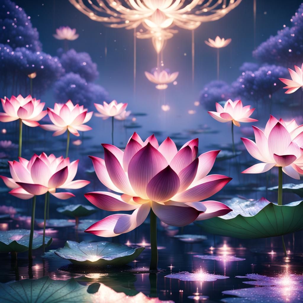 Sparkling Lotus Blossoms at Night: Acrylic Art