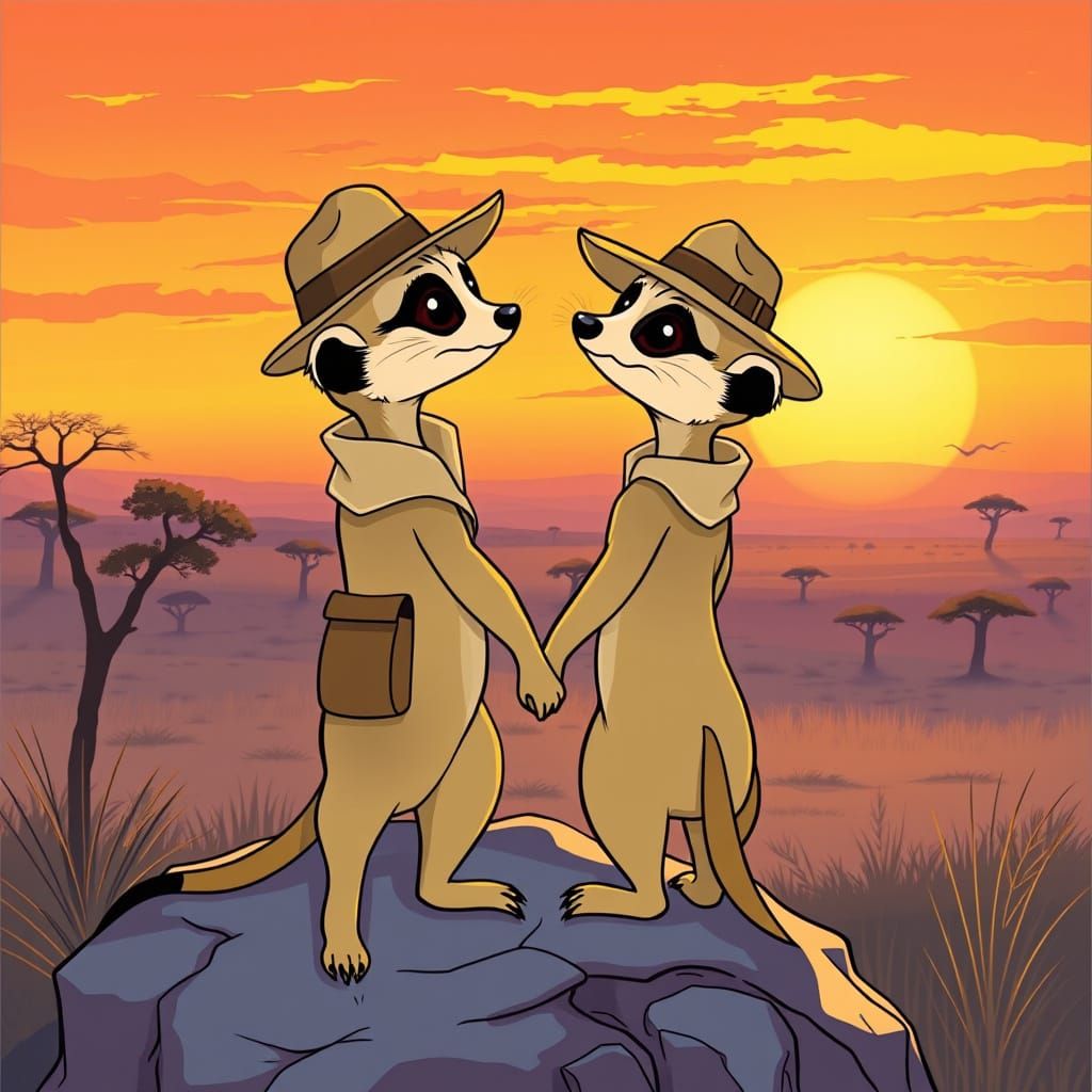 Vintage-Style Meerkat Couple Embracing the Sunset