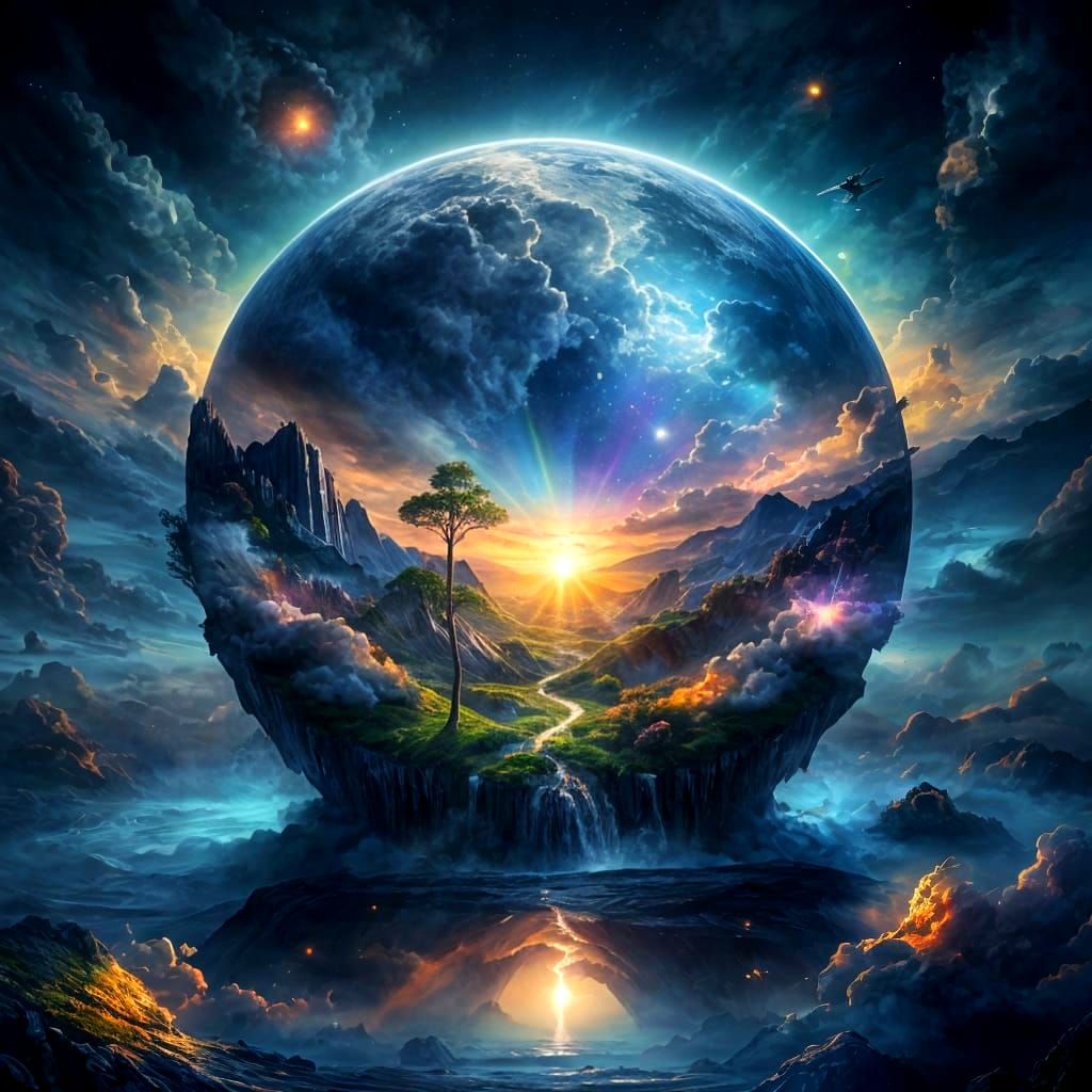 Vibrant Fantasy World with Rainbow Texture in Watercolor Sty...