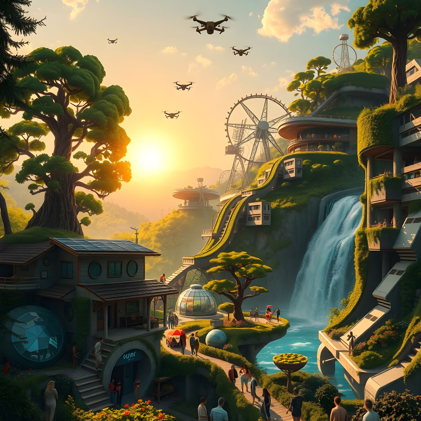 Solarpunk Utopia at Sunset