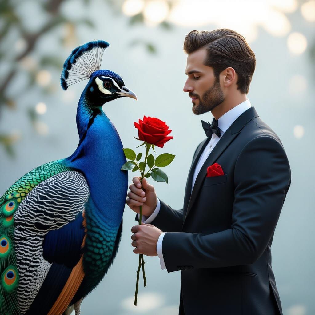 Man Offers Rose to Peacock in Photorealistic 3D