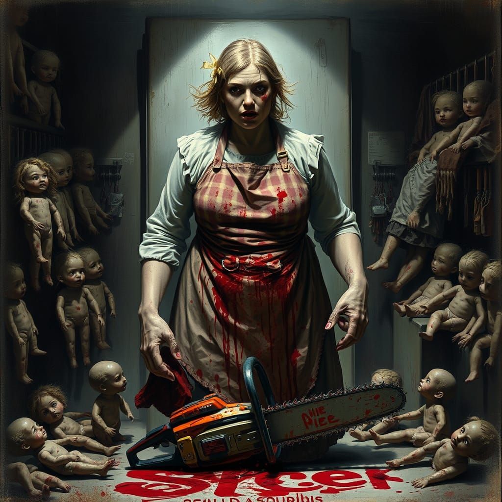 Horrific Butcher in Meat Locker: Digital Horror Art