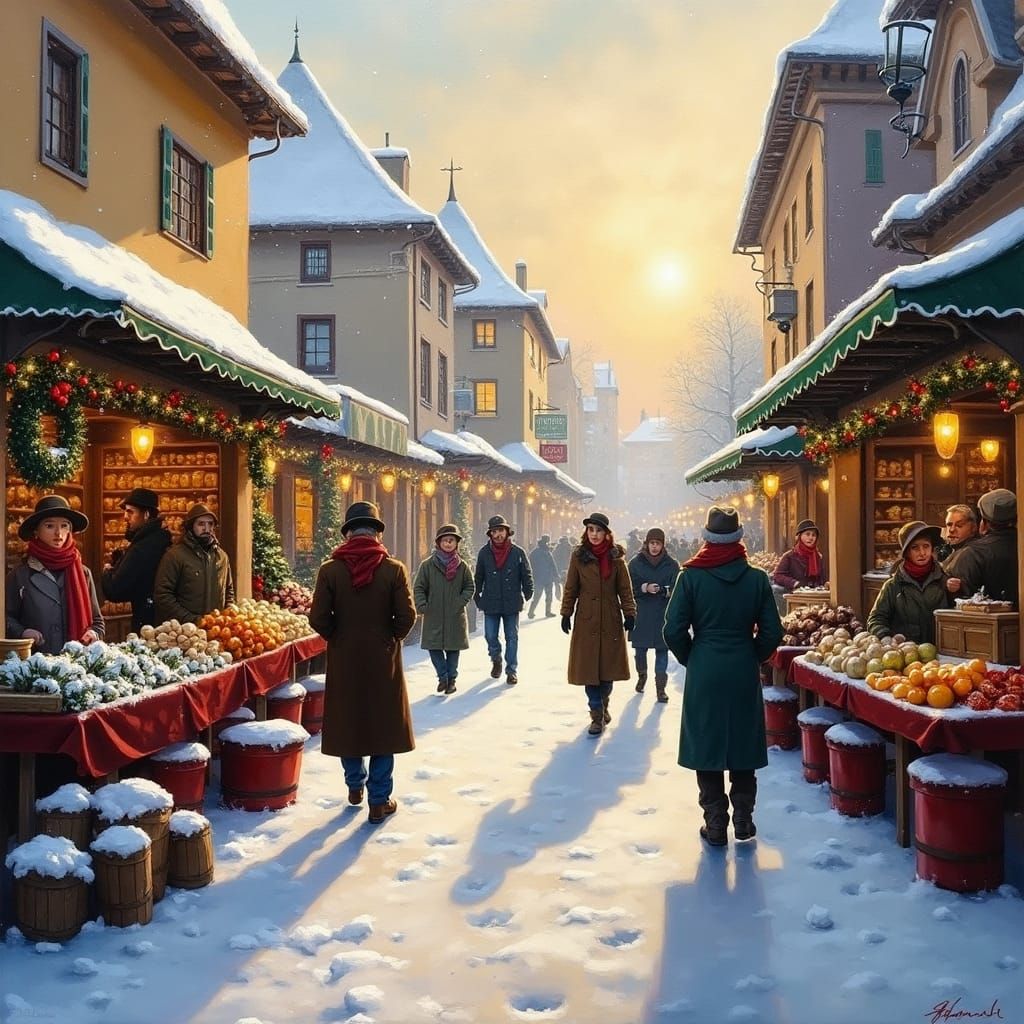 Festive Christmas Market in Atmospheric Oil Painting