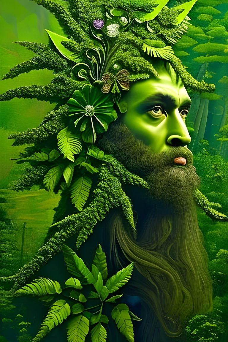 Green Man Portrait with Moss and Floral Elements