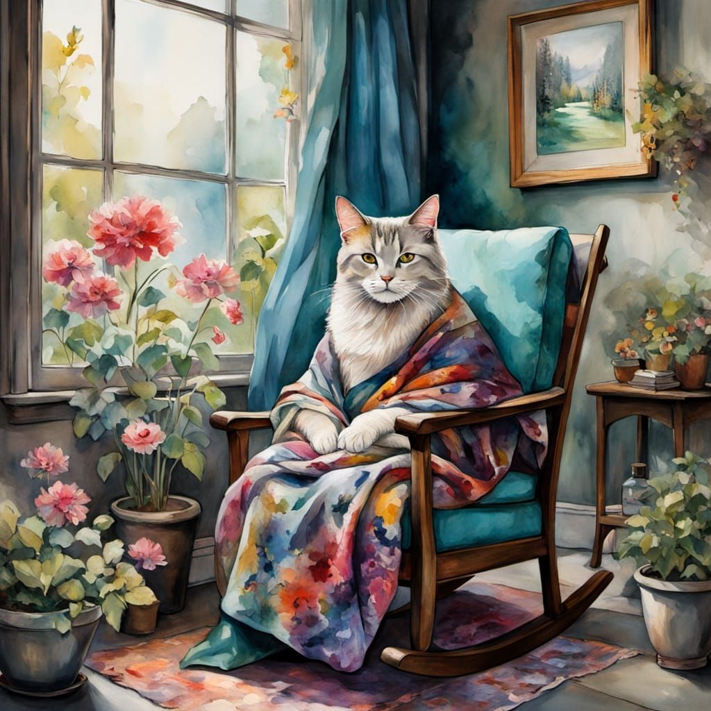 Create a digital matte painting of a serene scene with an elderly Caucasian woman seated in a rocking chair. She has a c...