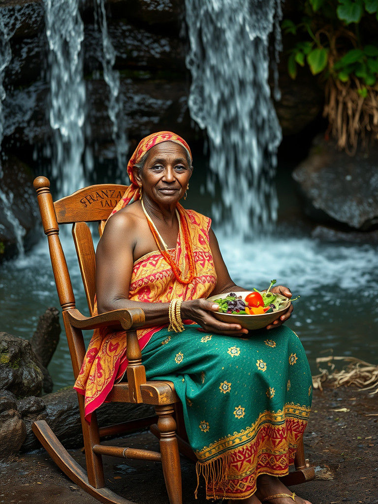Aboriginal Woman Under Waterfall with Salad