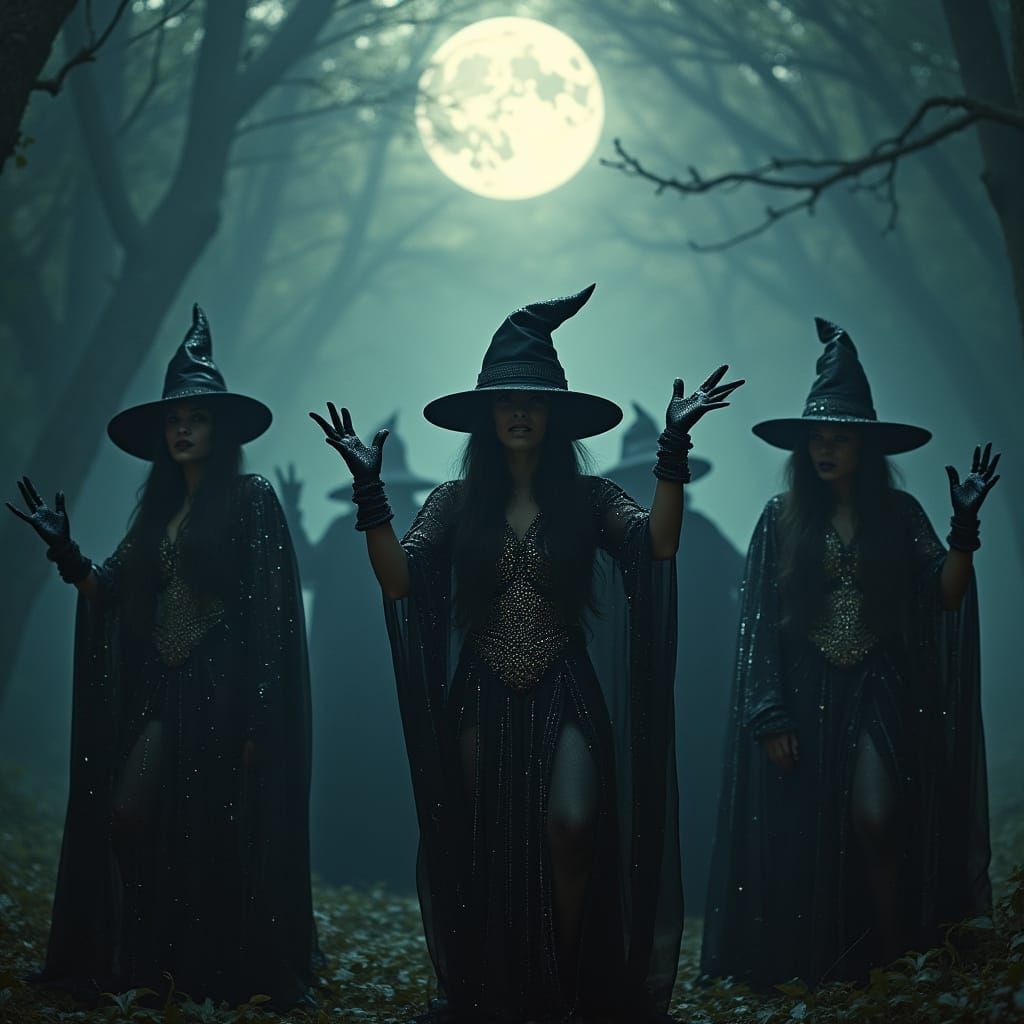 Witches Dance Ritual Under Full Moon in Sparkling Outfits