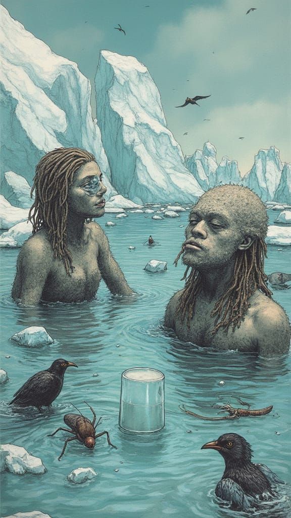 Surreal Dürer Style Scene of Figures in Frozen River