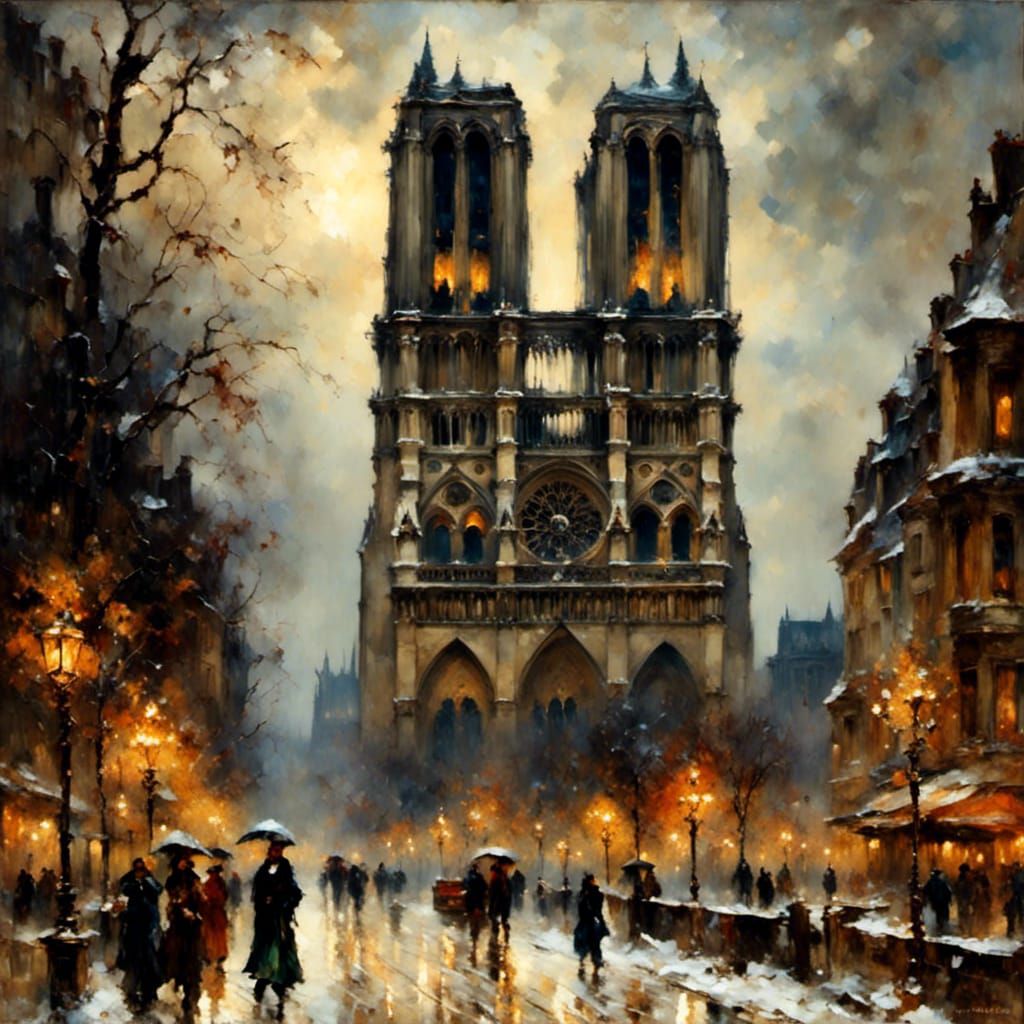 Notre Dame in Winter: Impasto Chiaroscuro Painting