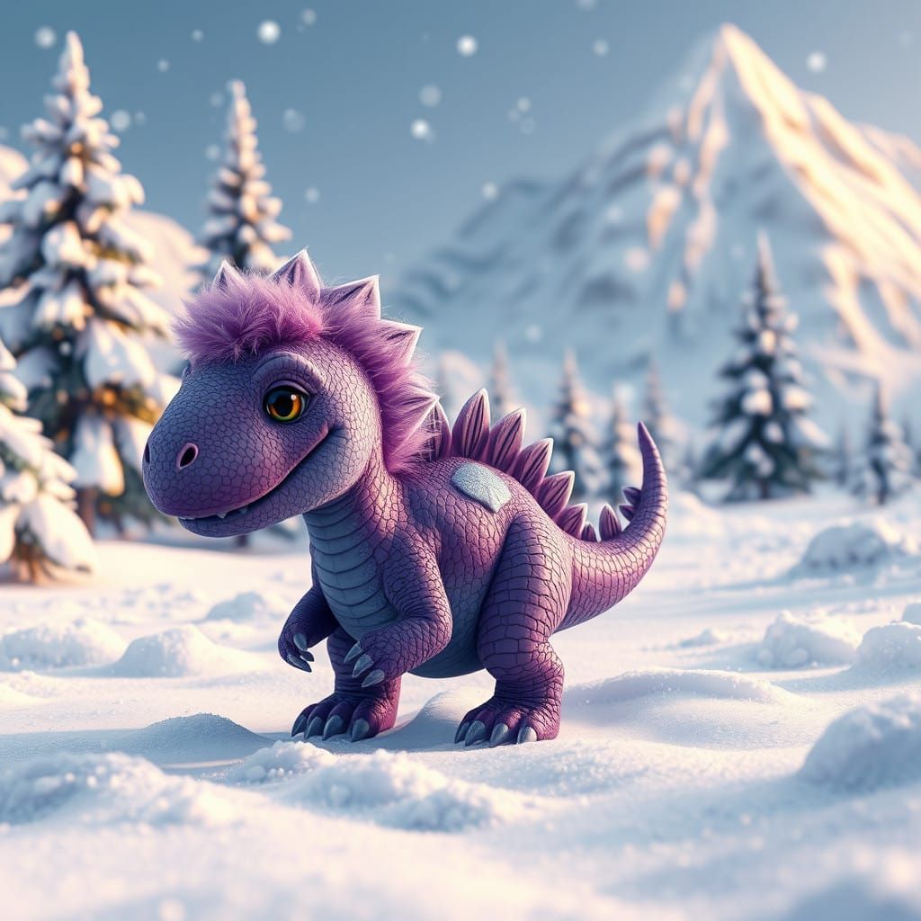 Fantastical Purple Dinosaur in Winter Wonderland