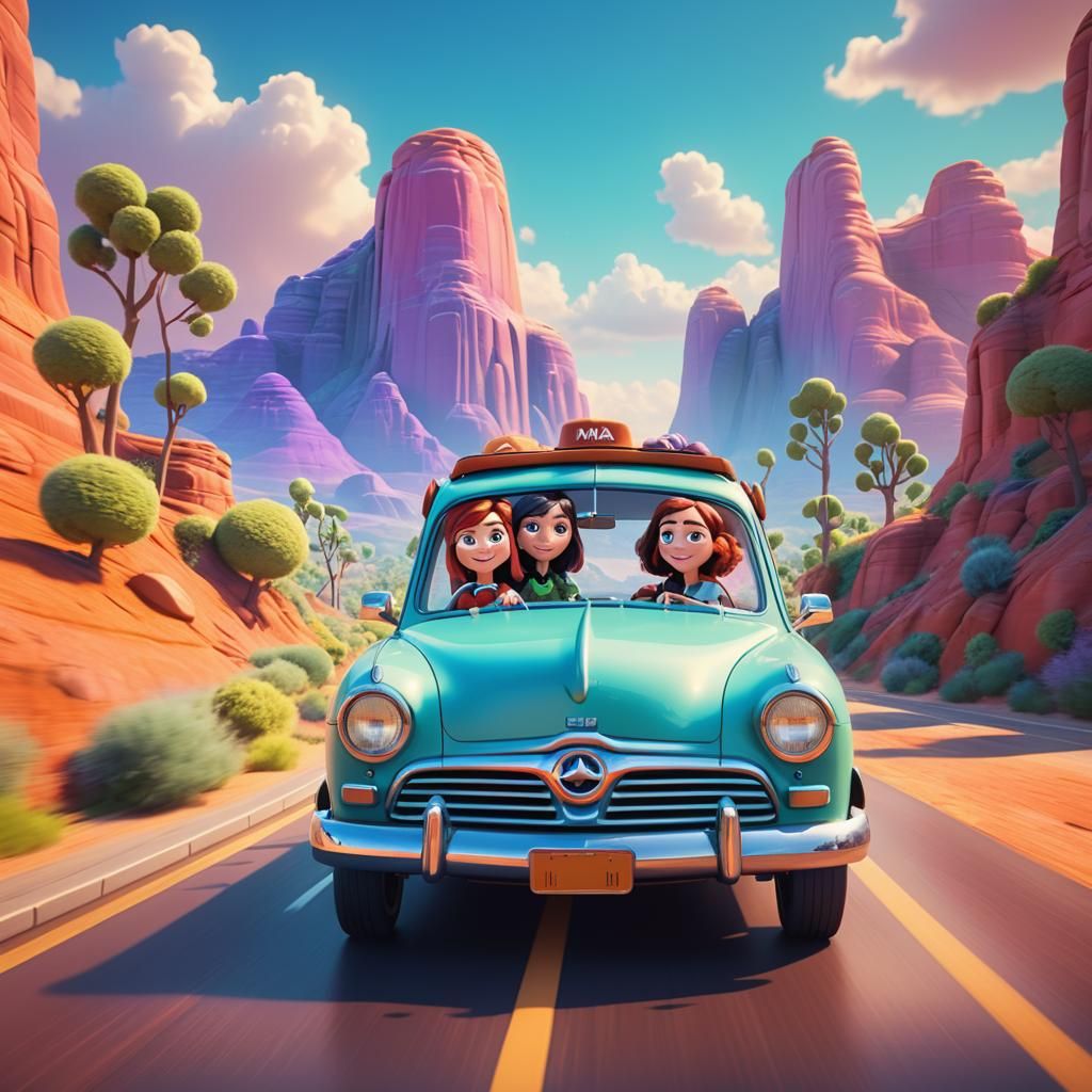 Road Trip with Friends: 3D Digital Art