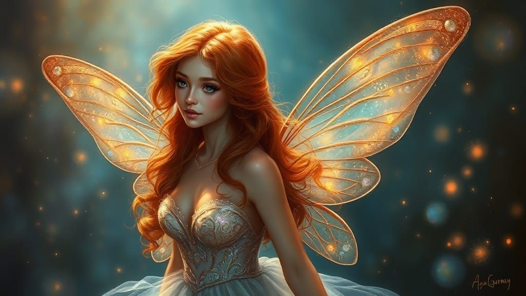 Red-Haired Fairy in Shimmering Dress, Magical Atmosphere