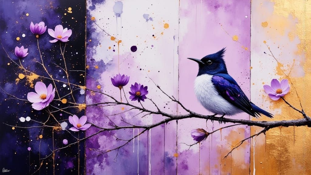 Ethereal Bird on Branch in Alcohol Ink and Watercolor Style