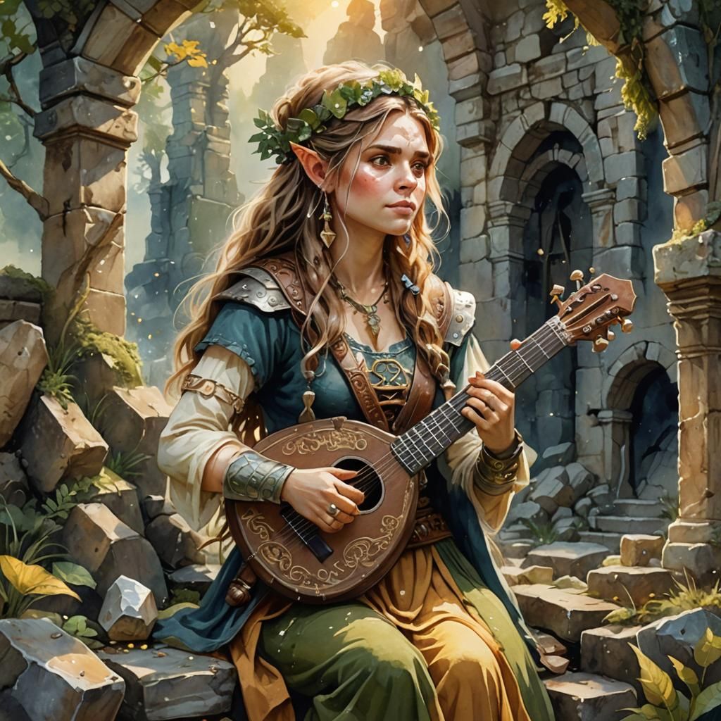 Gnome Bard in Ancient Ruins: Watercolor Fantasy
