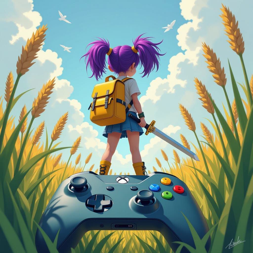 Girl on Xbox Controller in Whimsical Style