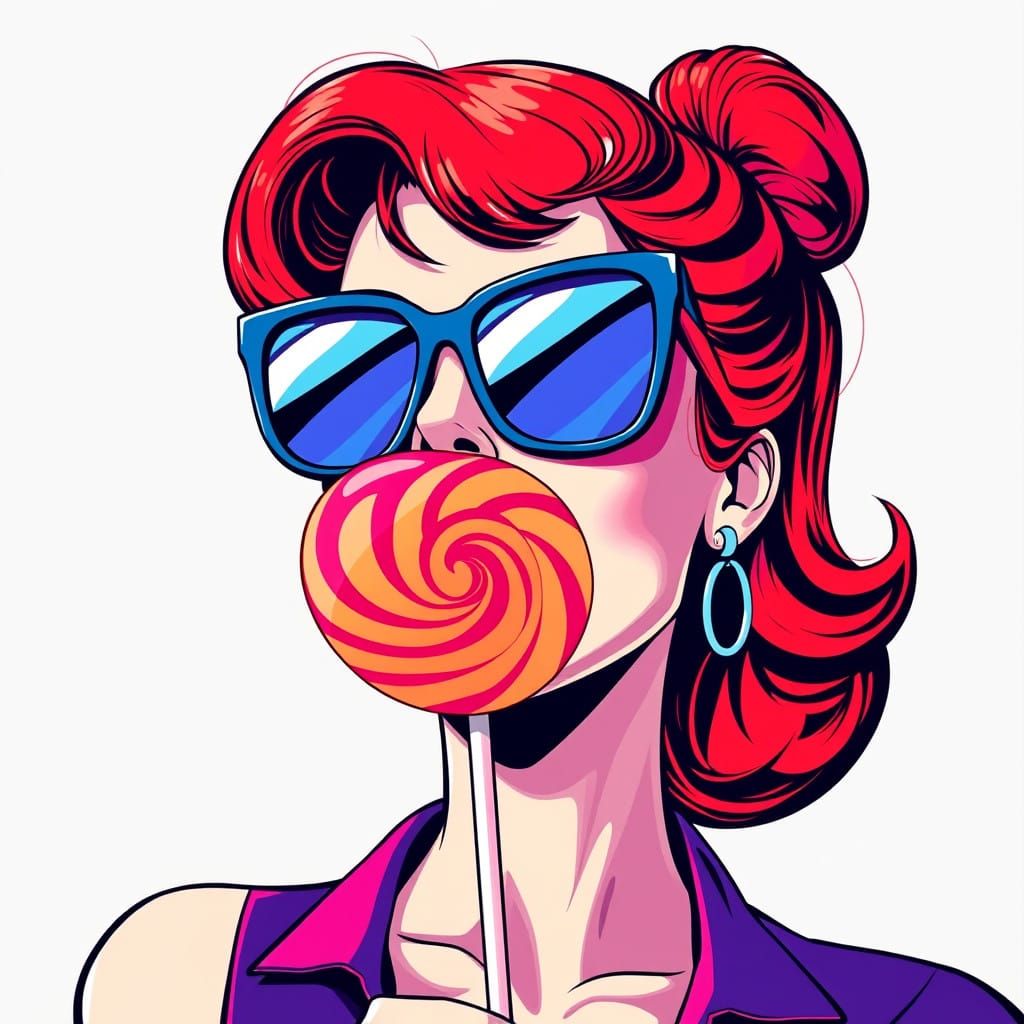 Bold Cartoon Goddess with Vibrant Lollipop Smile