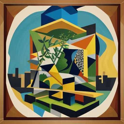 Cubist Olive Branch: Geometric Art Deco Painting