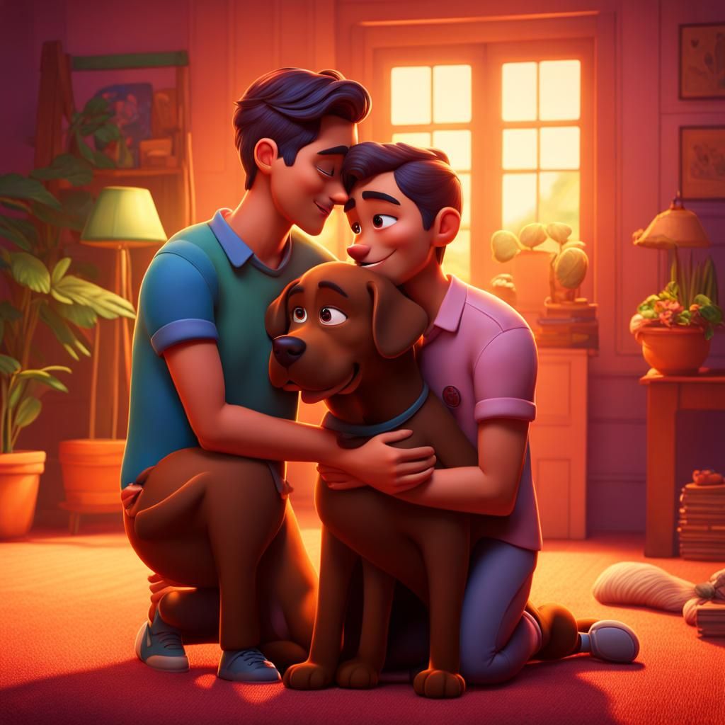 Gay Couple and Dog in Cozy Home: Pixar-Style 3D Art