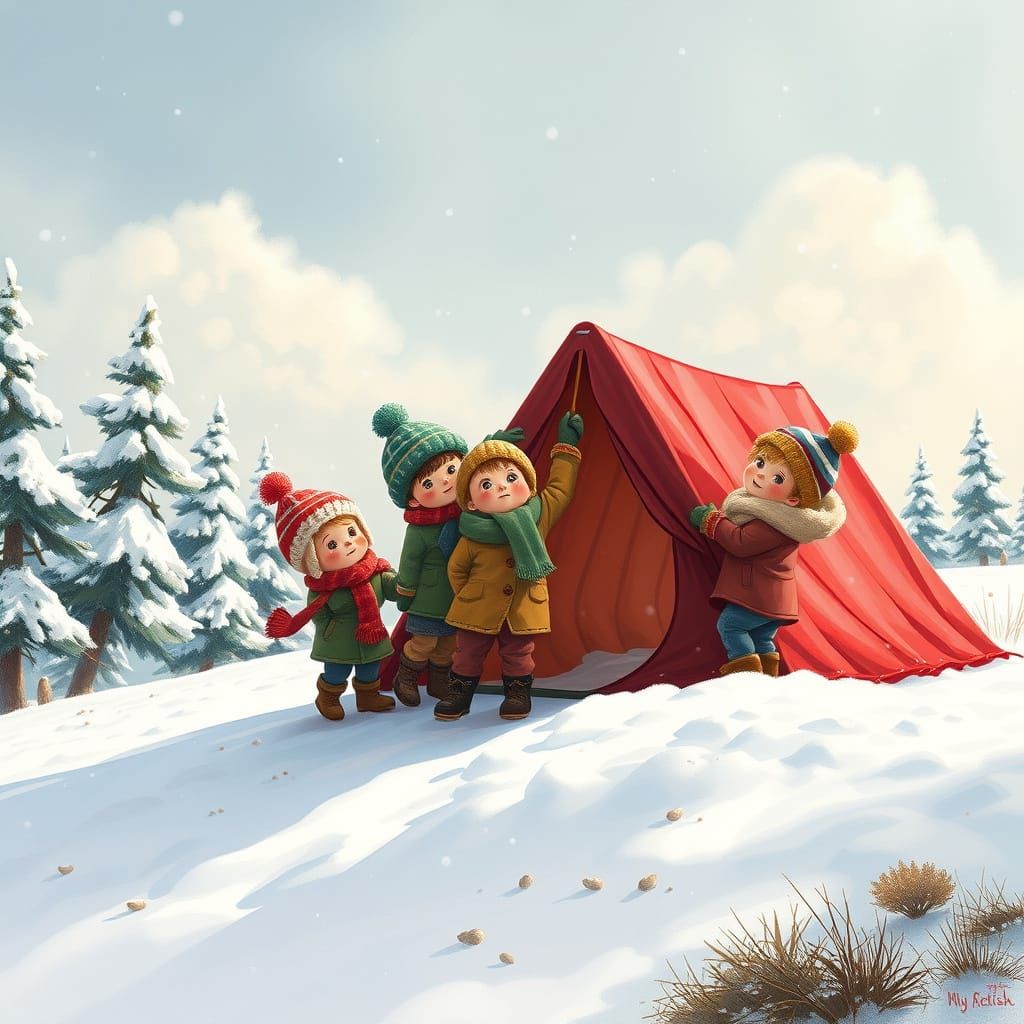 Children Struggle to Set Up a Red Tent on a Snowy Winter Day