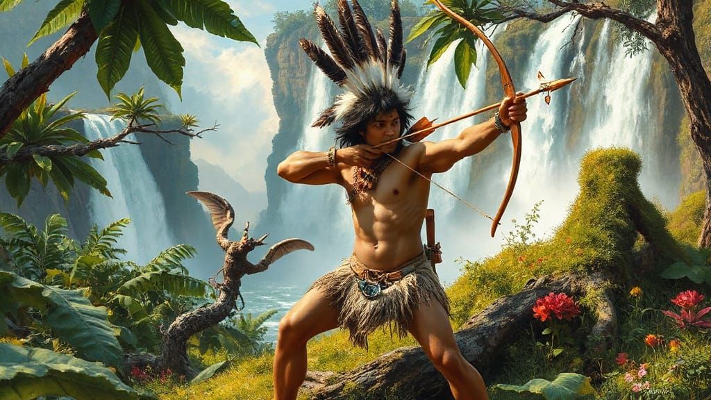 Guarani Hunter Near Iguazu Falls in Dynamic Fantasy Style