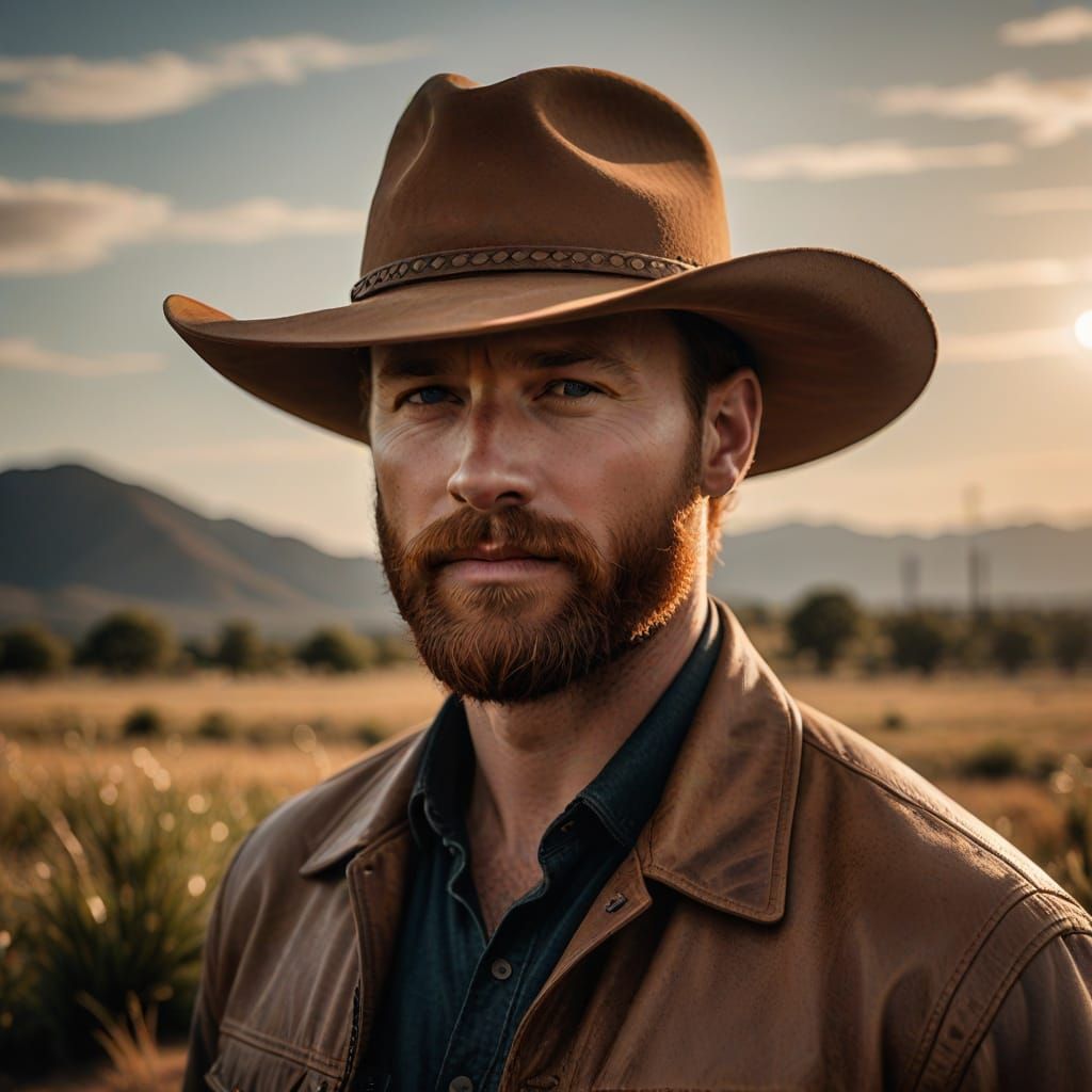 A Burly Cowboy Wears a Leather Hat in Warm, Golden Light