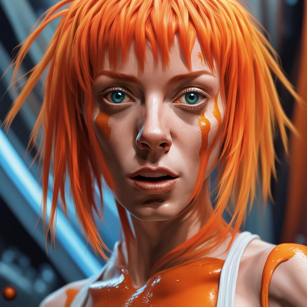 detailed Leeloo, The Fifth Element, Hyperrealistic, splash art, concept art, mid shot, intricately detailed, color dept...