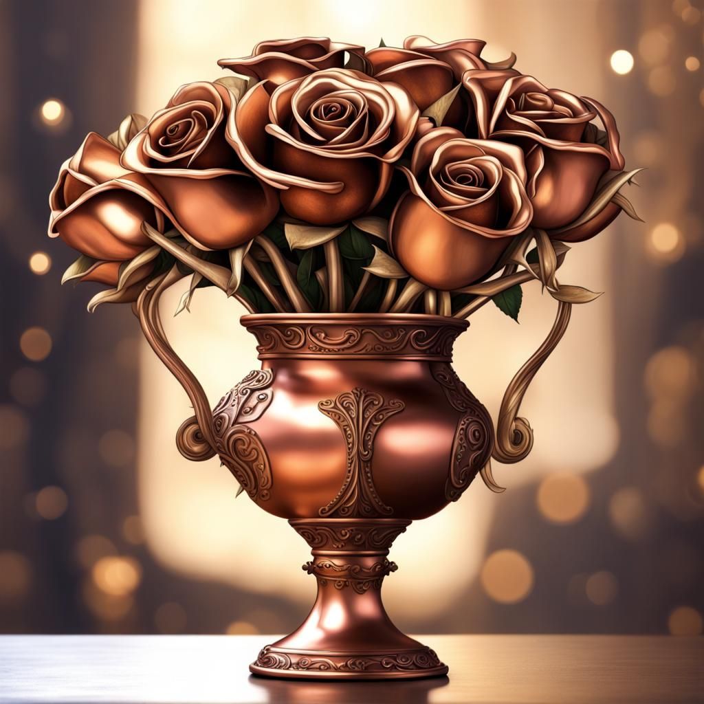 Copper Roses in Golden Vase with Metallic Sparkles