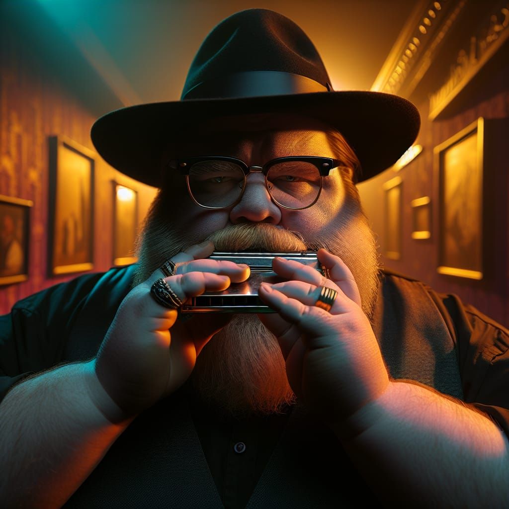 Obese Man Plays Harmonica with Inspired Expression