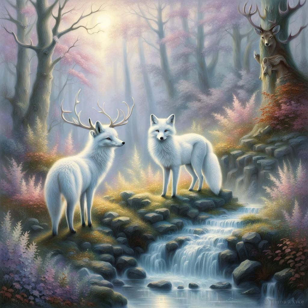 Ethereal White Fox with Antlers in Fantasy Mist