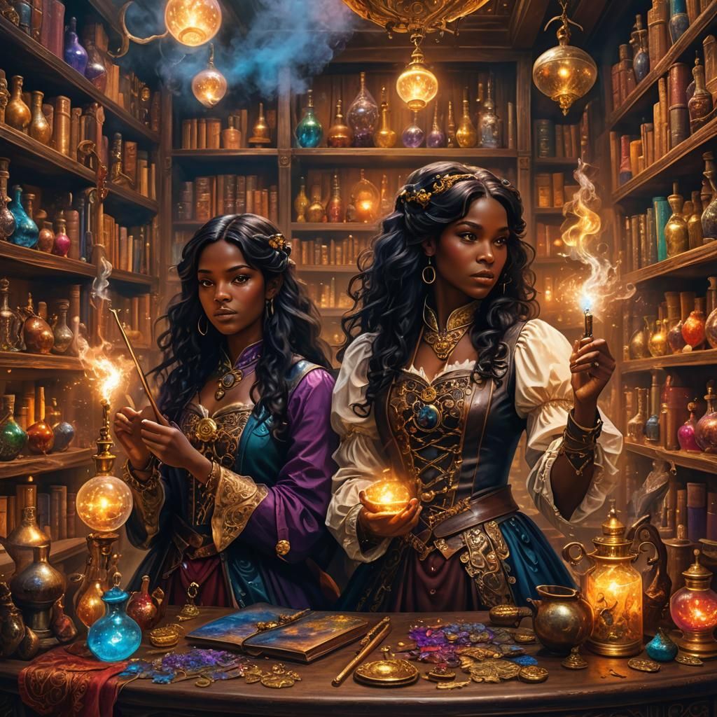 Sorceresses Casting Spells in Steampunk Lab