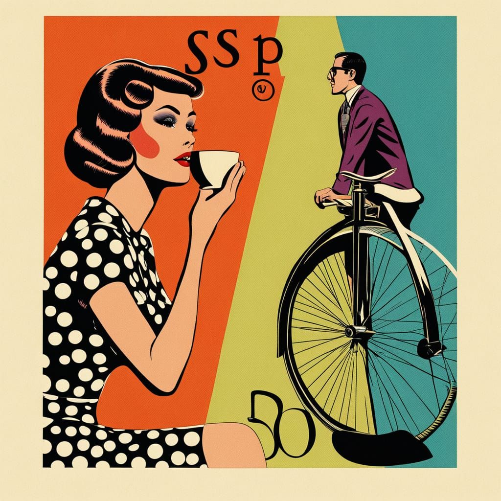 Retro Pop Art Woman Sipping Coffee with Penny-Farthing Rider