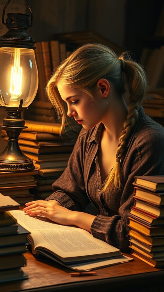 Young Woman Studying by Gas Lamp in Golden Light