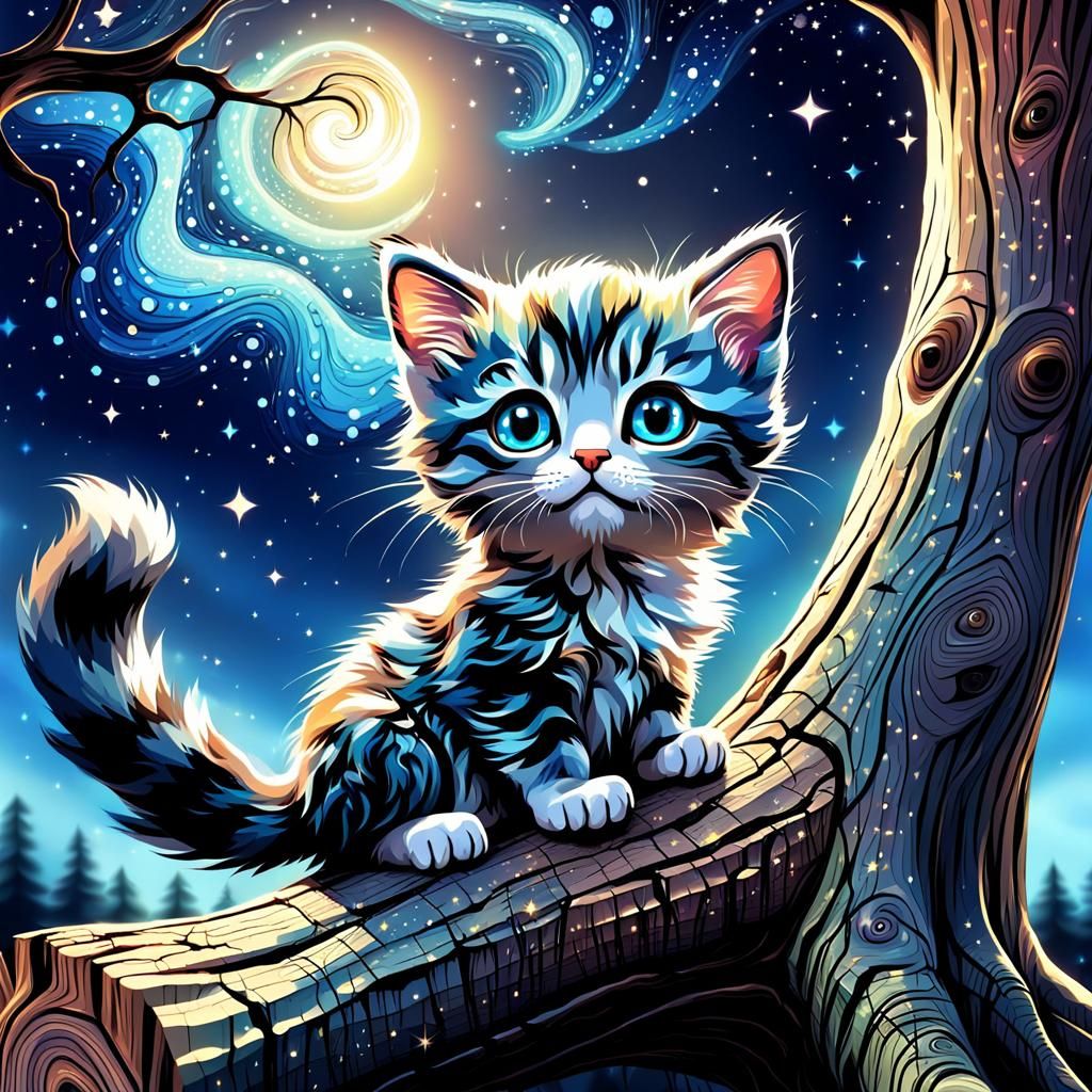 Kitten Gazing at Starry Sky in Abstract Vector Style