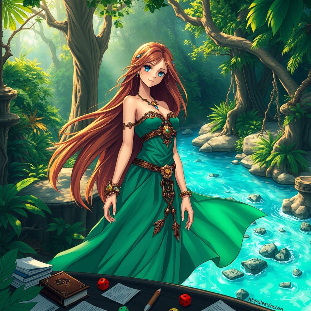 Anime Goddess in Emerald Jungle Majesty