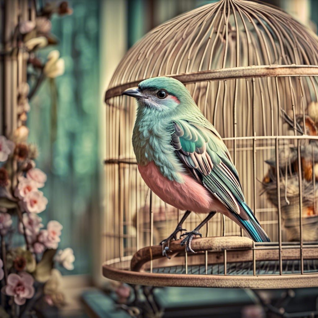 Retro Bird in Cage: Hyperrealistic Pastel Art