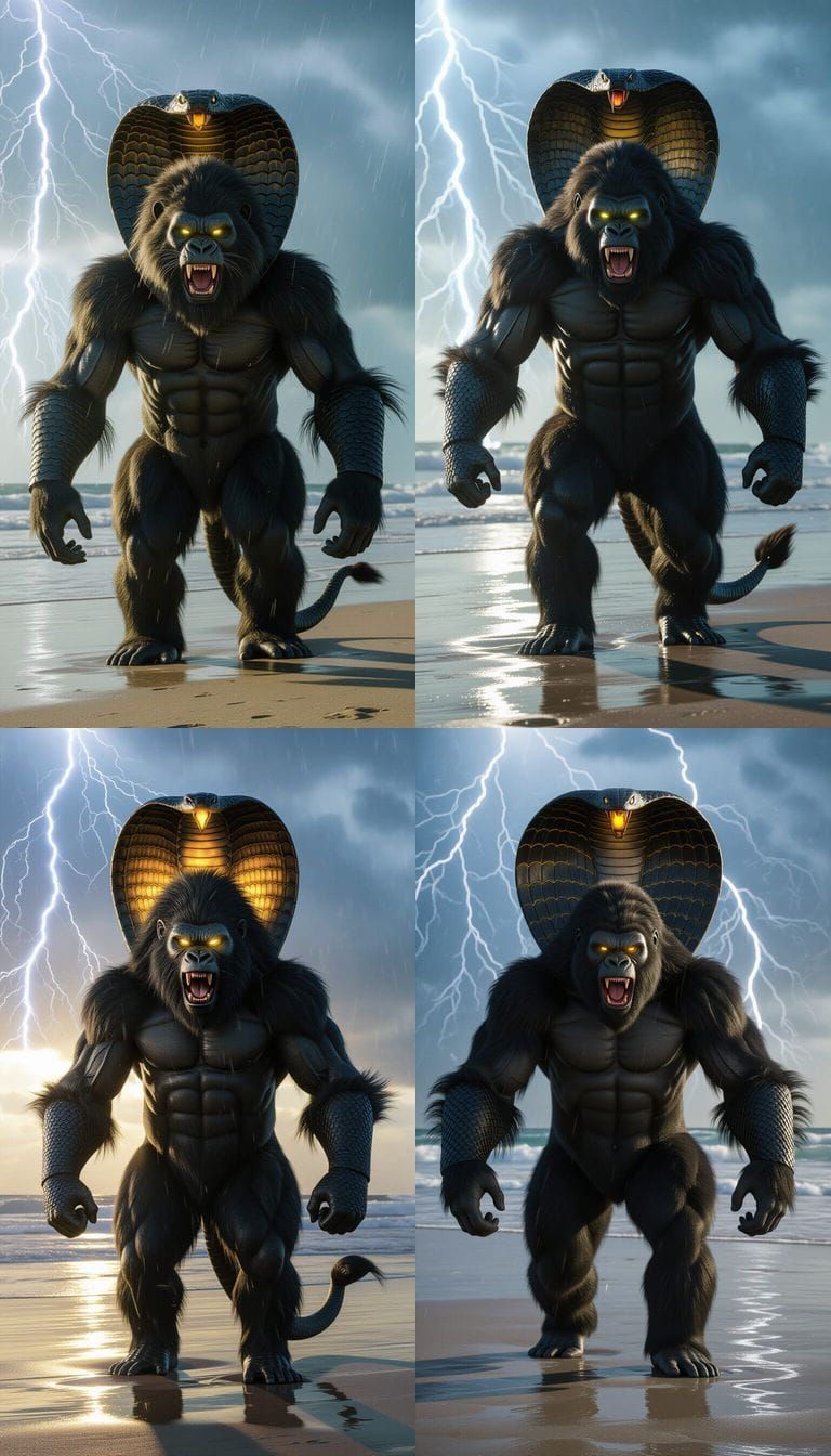 Gorilla-Lion Hybrid Monster on Stormy Beach