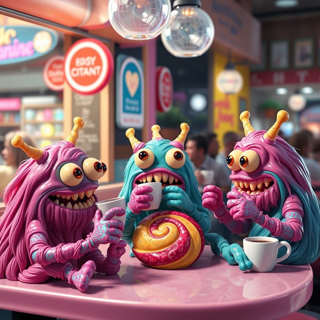 Vibrant Candy Monsters in a Retro Night Cafe Scene